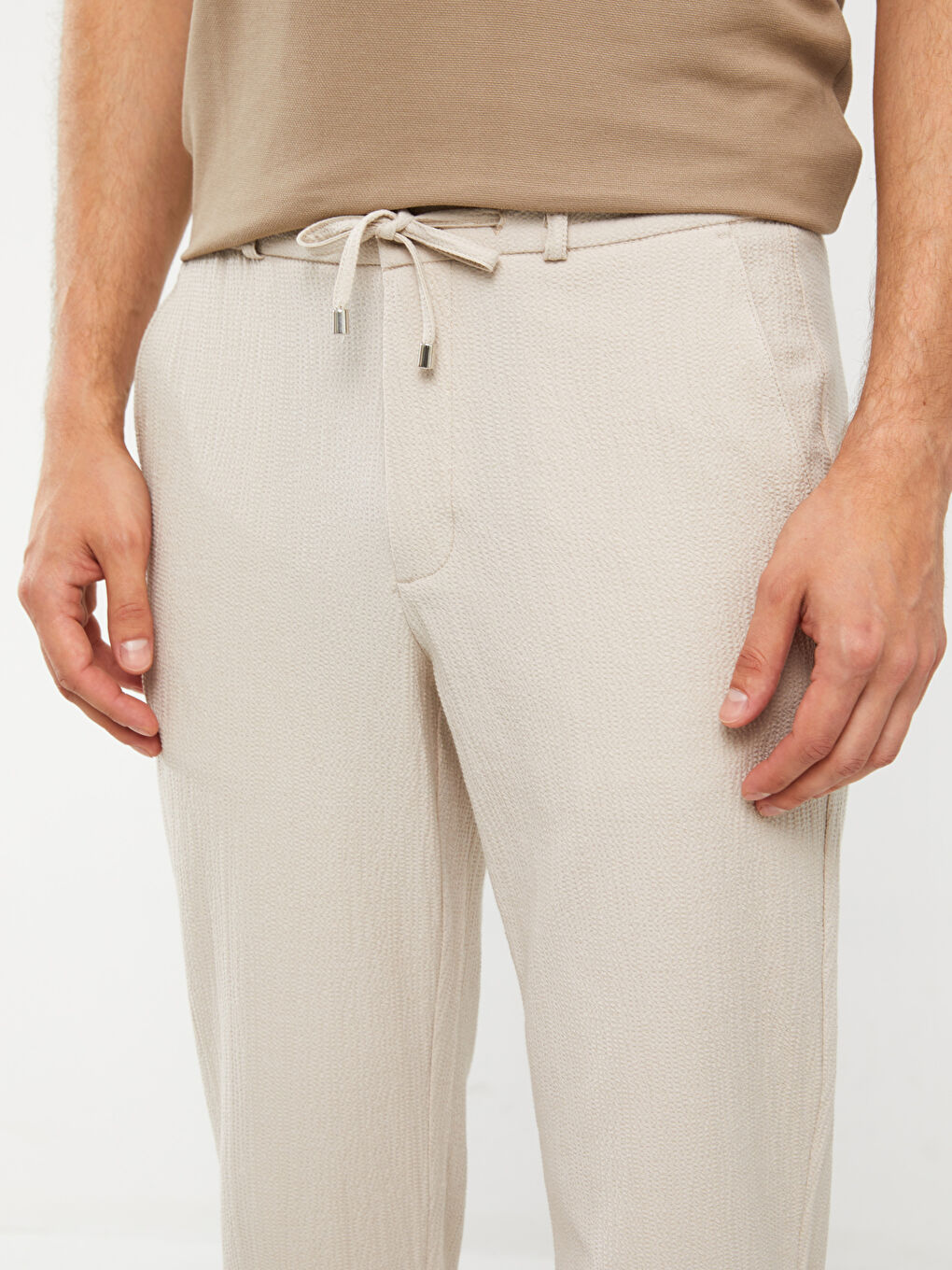 Bej Slim Fit Beli Bağlama Detaylı Erkek Pantolon-1