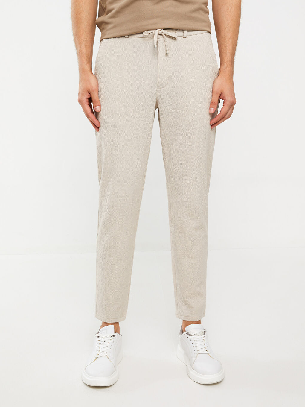 Bej Slim Fit Beli Bağlama Detaylı Erkek Pantolon-2
