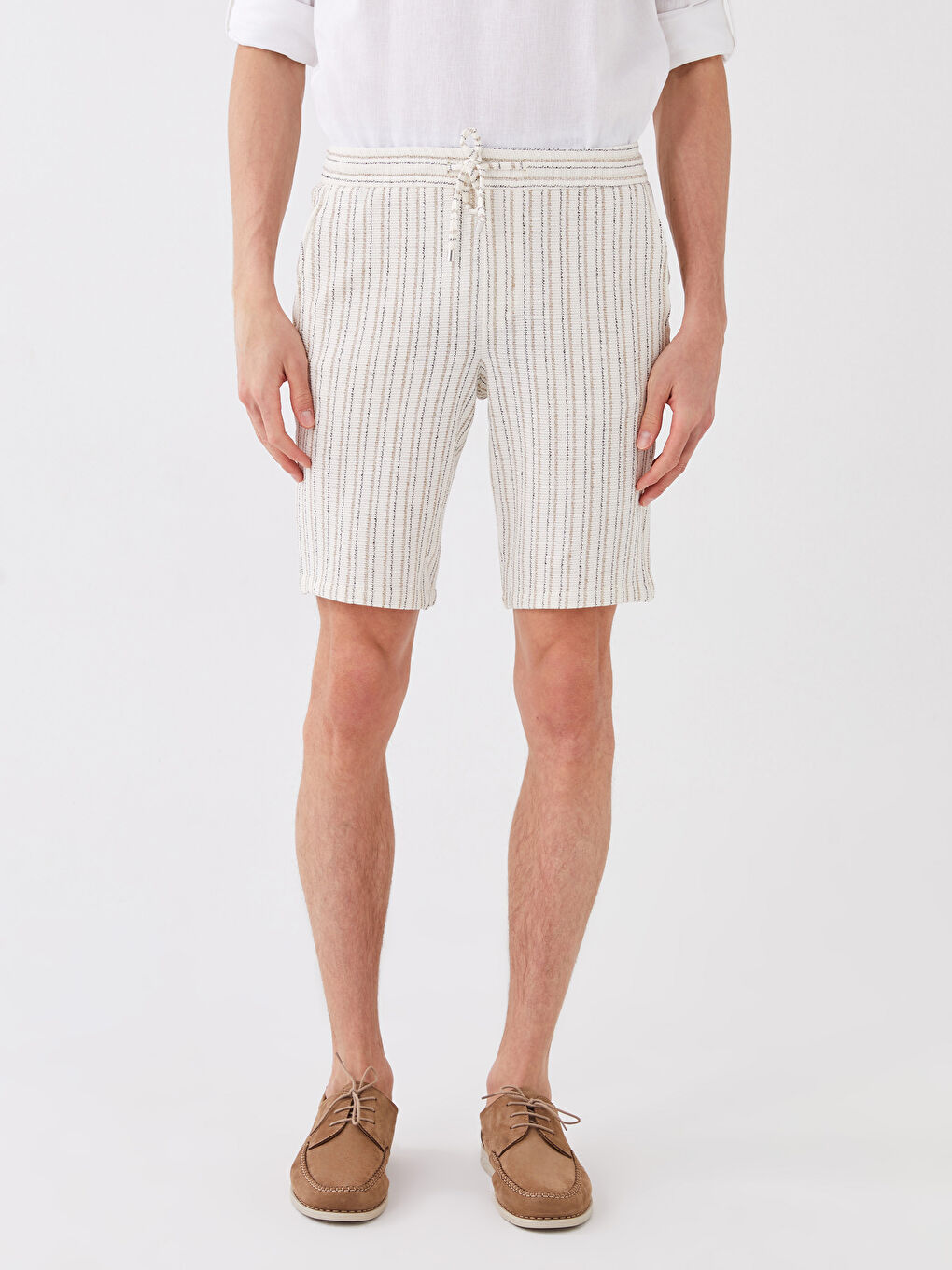 Ekru Slim Fit Çizgili Keten Karışımlı Erkek Şort-3