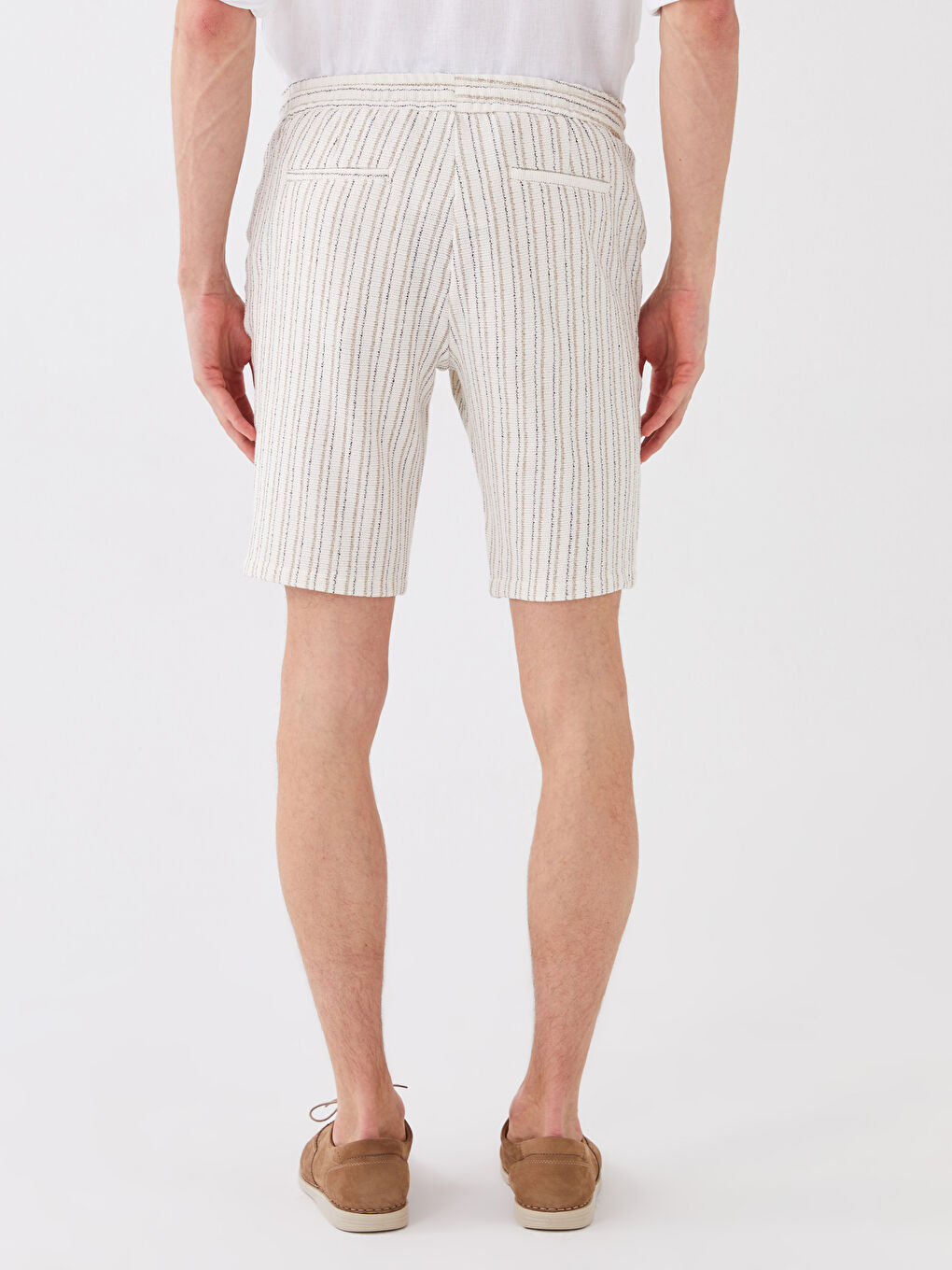 Ekru Slim Fit Çizgili Keten Karışımlı Erkek Şort-4