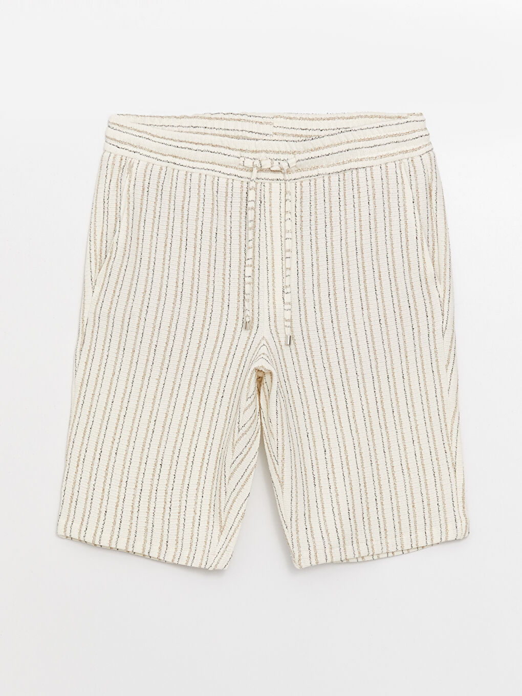 Ekru Slim Fit Çizgili Keten Karışımlı Erkek Şort-5