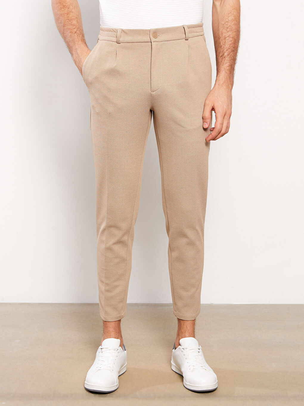 Bej Slim Fit Keten Karışımlı Erkek Pantolon-1