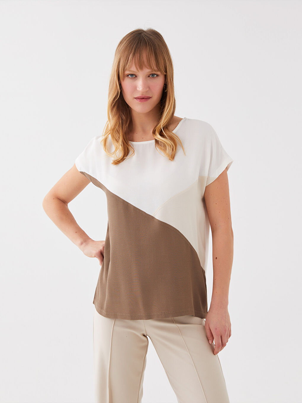 Women's Crew Neck Color Block T-Shirt-1