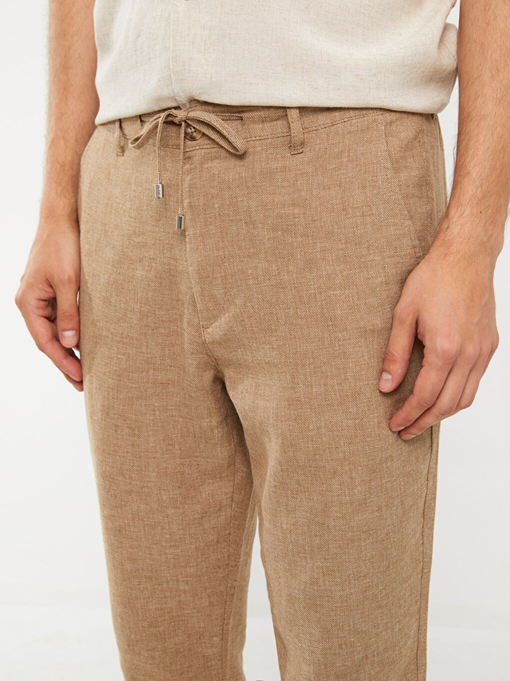 Kahverengi Slim Fit Keten Karışımlı Erkek Pantolon-1