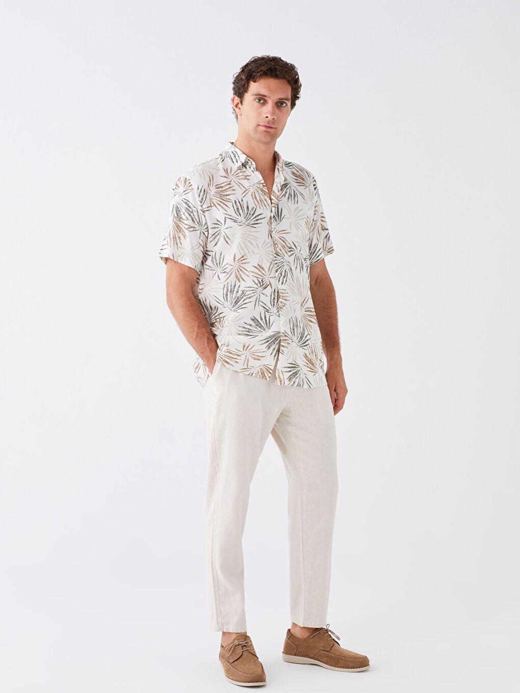 Bej Slim Fit Keten Karışımlı Erkek Pantolon-1