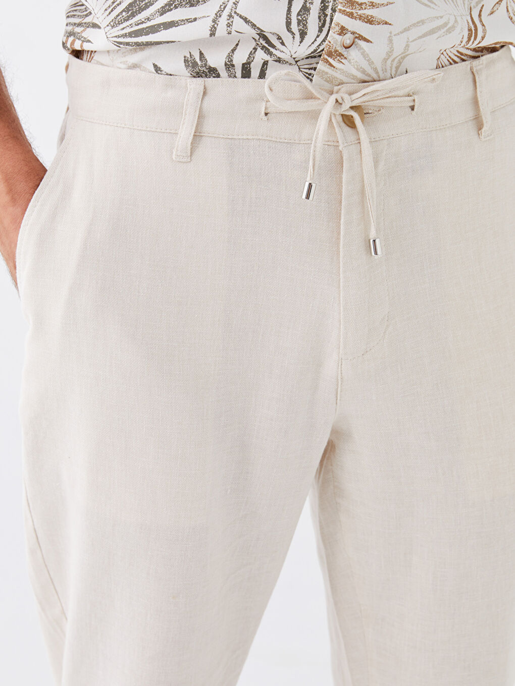 Bej Slim Fit Keten Karışımlı Erkek Pantolon-3
