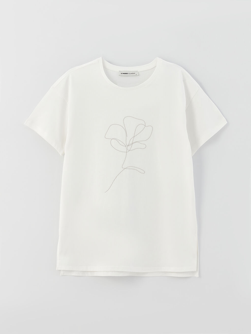 Ekru Bisiklet Yaka Baskılı Kısa Kollu Kadın Tişört-5