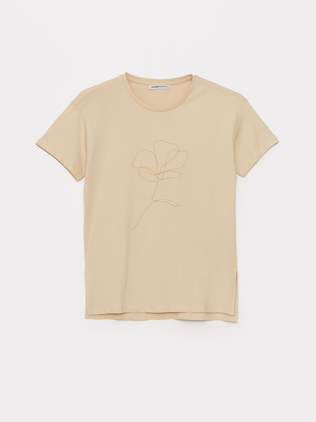 Bej Bisiklet Yaka Baskılı Kısa Kollu Kadın Tişört-5