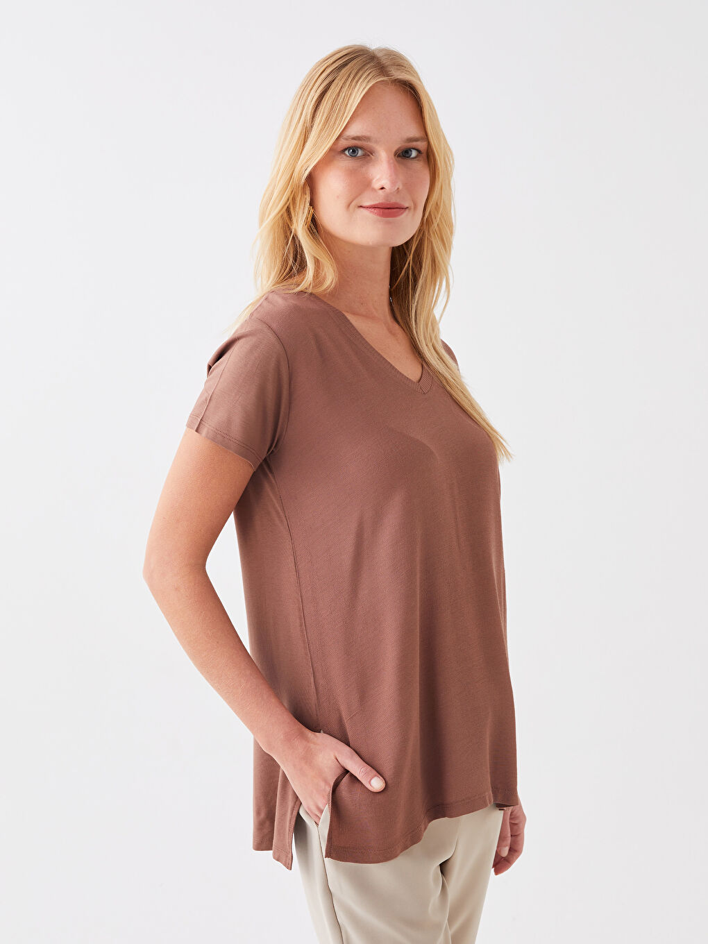 V-Neck Plain Short Sleeve Women's T-Shirt