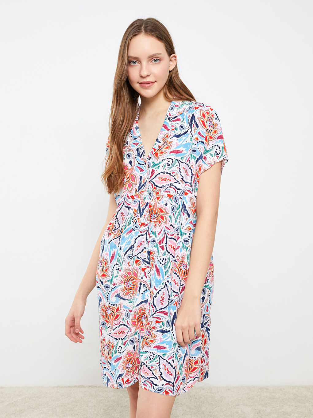 Shirt Collar Patterned Short Sleeve Women's Beach Dress Shirt Collar Patterned Short Sleeve Women's Beach Dress