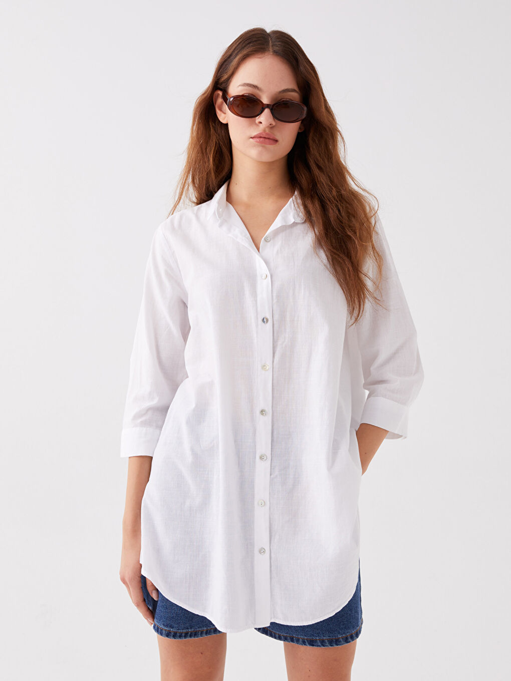 Robe de Plage en Popeline Unie à Col de Chemise pour Femmes