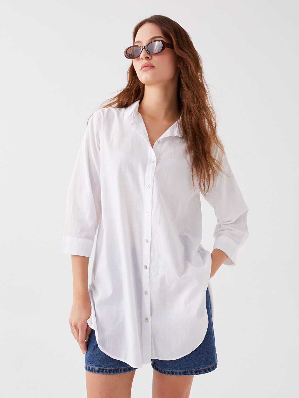 Robe de Plage en Popeline Unie à Col de Chemise pour Femmes-1