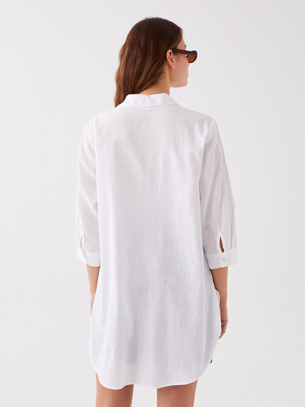 Robe de Plage en Popeline Unie à Col de Chemise pour Femmes-4