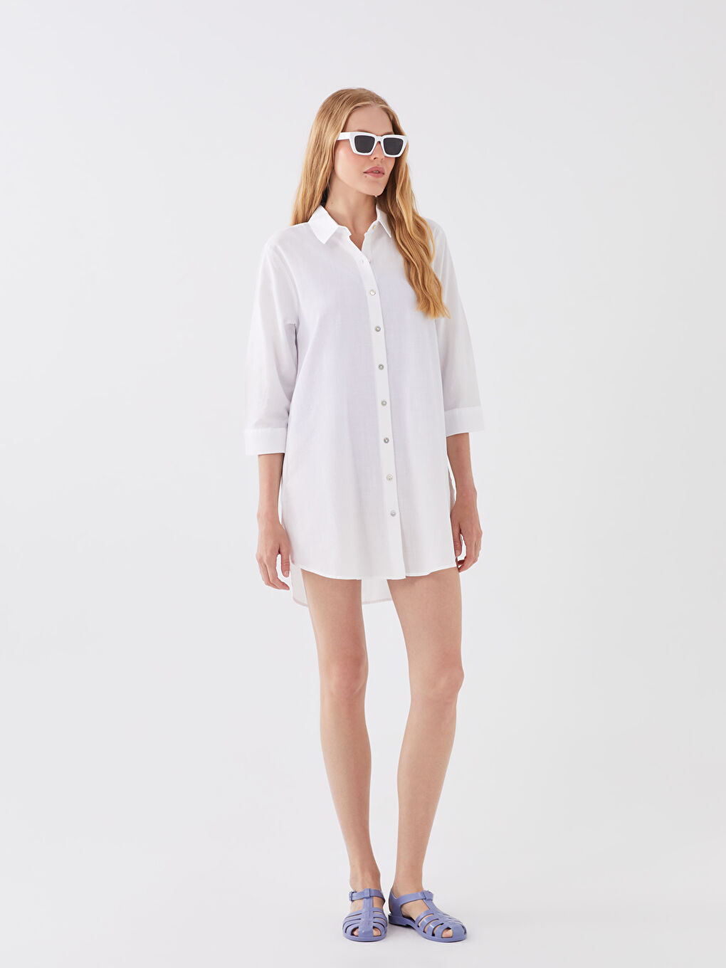 Beyaz Gömlek Yaka Düz Poplin Kadın Plaj Elbisesi