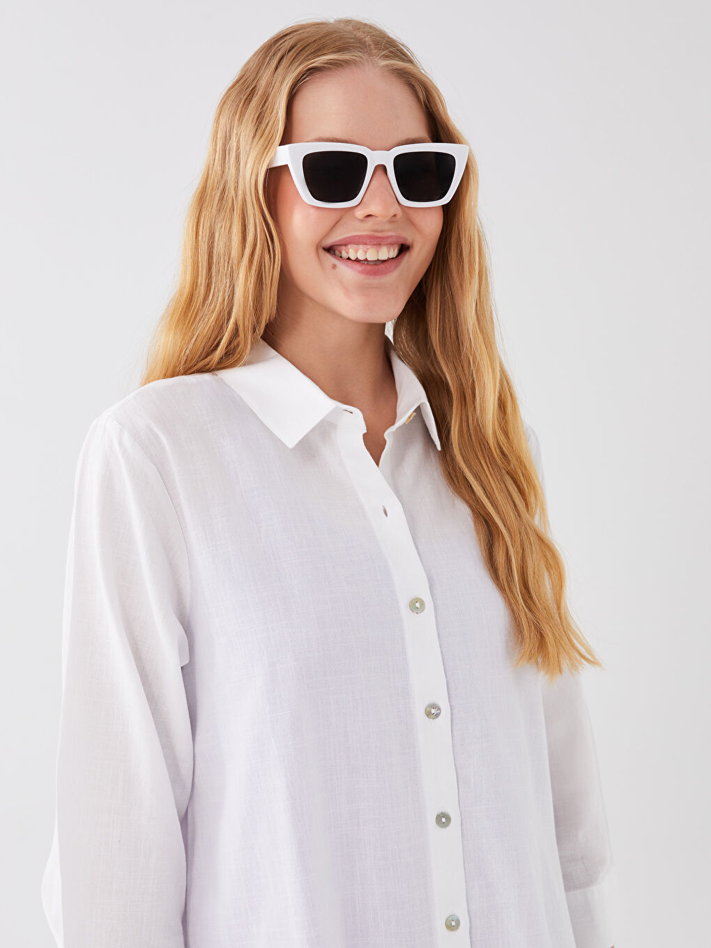 Beyaz Gömlek Yaka Düz Poplin Kadın Plaj Elbisesi-2