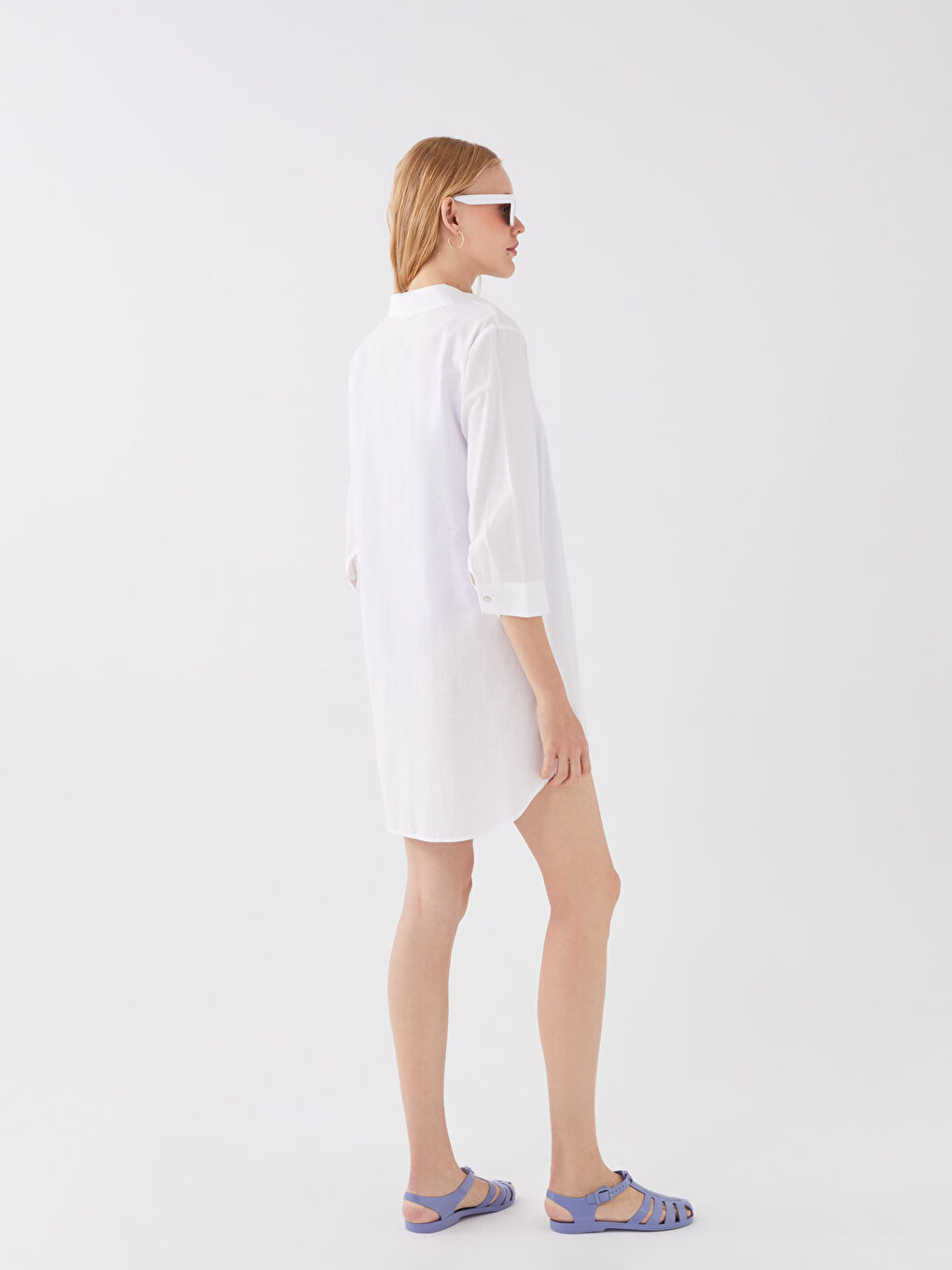 Beyaz Gömlek Yaka Düz Poplin Kadın Plaj Elbisesi-4