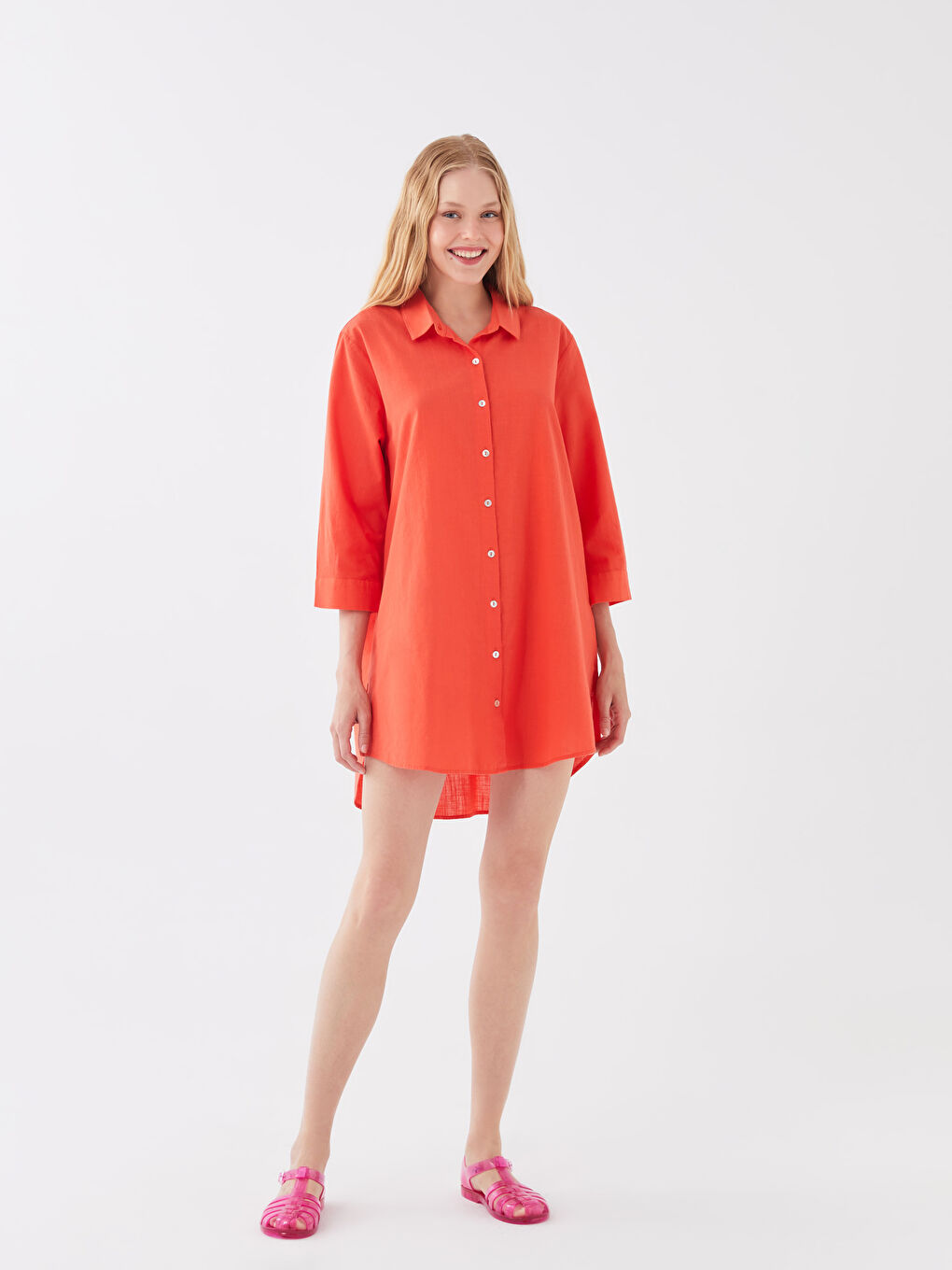 Turuncu Gömlek Yaka Düz Poplin Kadın Plaj Elbisesi