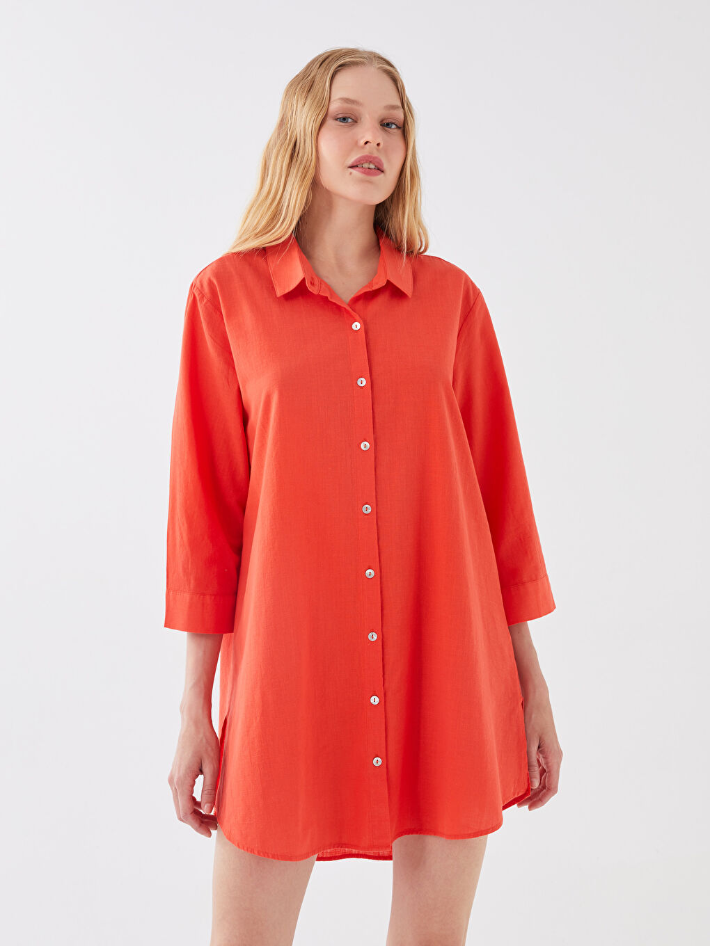 Turuncu Gömlek Yaka Düz Poplin Kadın Plaj Elbisesi-1