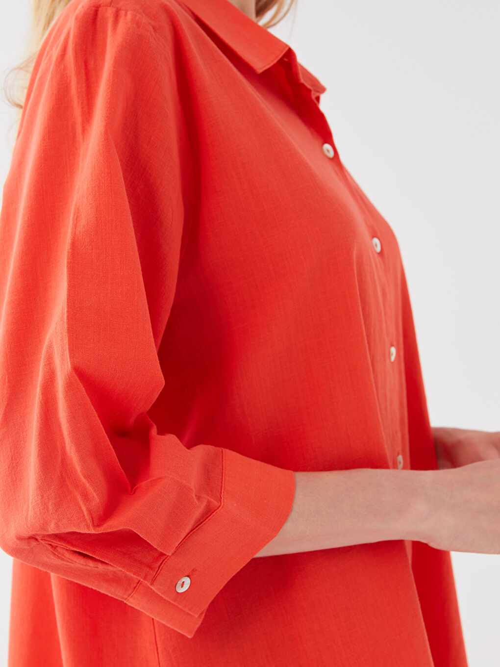Turuncu Gömlek Yaka Düz Poplin Kadın Plaj Elbisesi-2