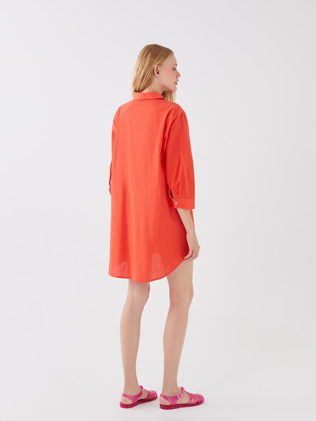 Turuncu Gömlek Yaka Düz Poplin Kadın Plaj Elbisesi-3