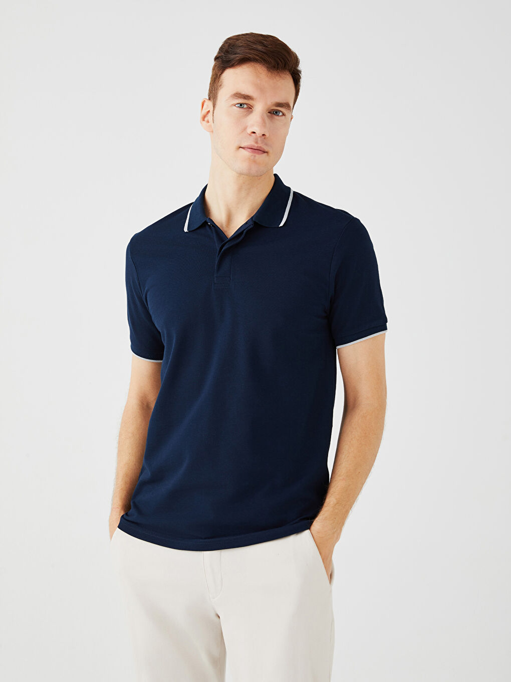 Lacivert Polo Yaka Kısa Kollu Pike Erkek Tişört-1