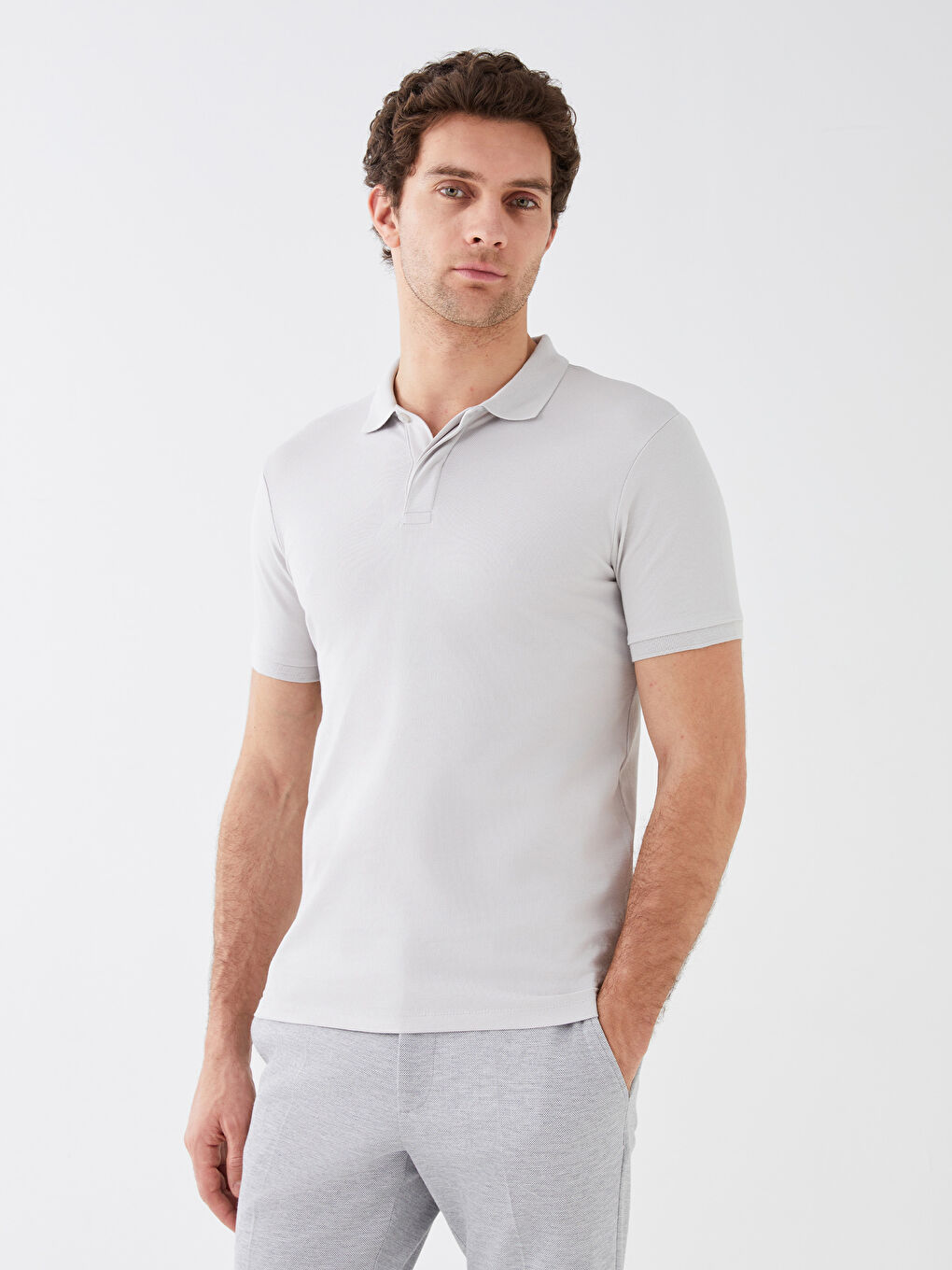 Gri Polo Yaka Kısa Kollu Pike Erkek Tişört-1
