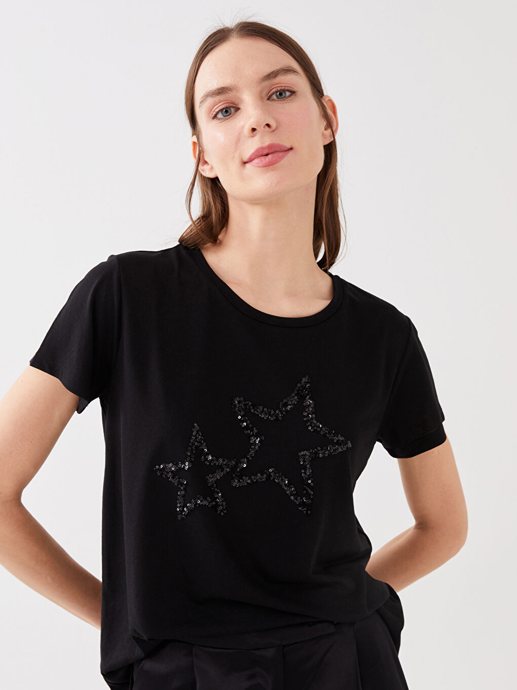 Crew Neck Sequined Short Sleeve Women's T-Shirt-1