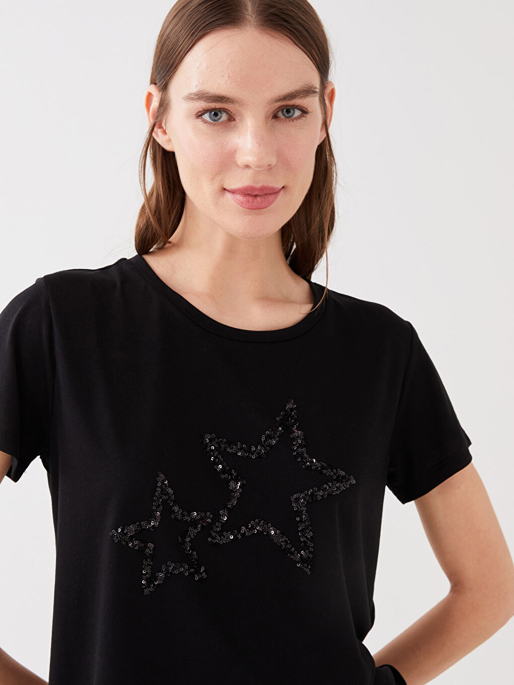 Crew Neck Sequined Short Sleeve Women's T-Shirt-2