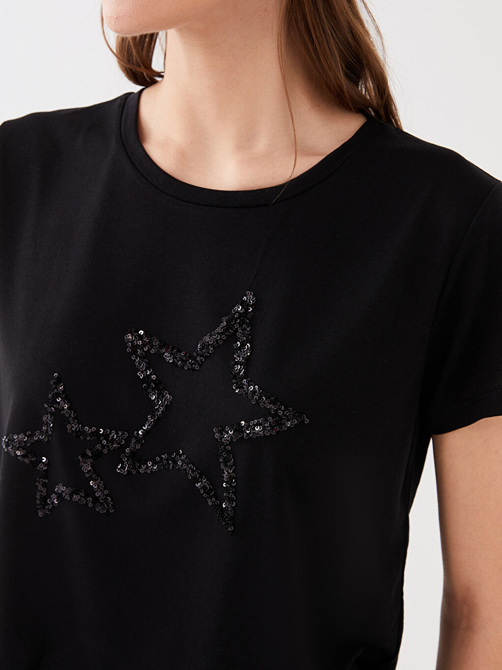 Crew Neck Sequined Short Sleeve Women's T-Shirt-4