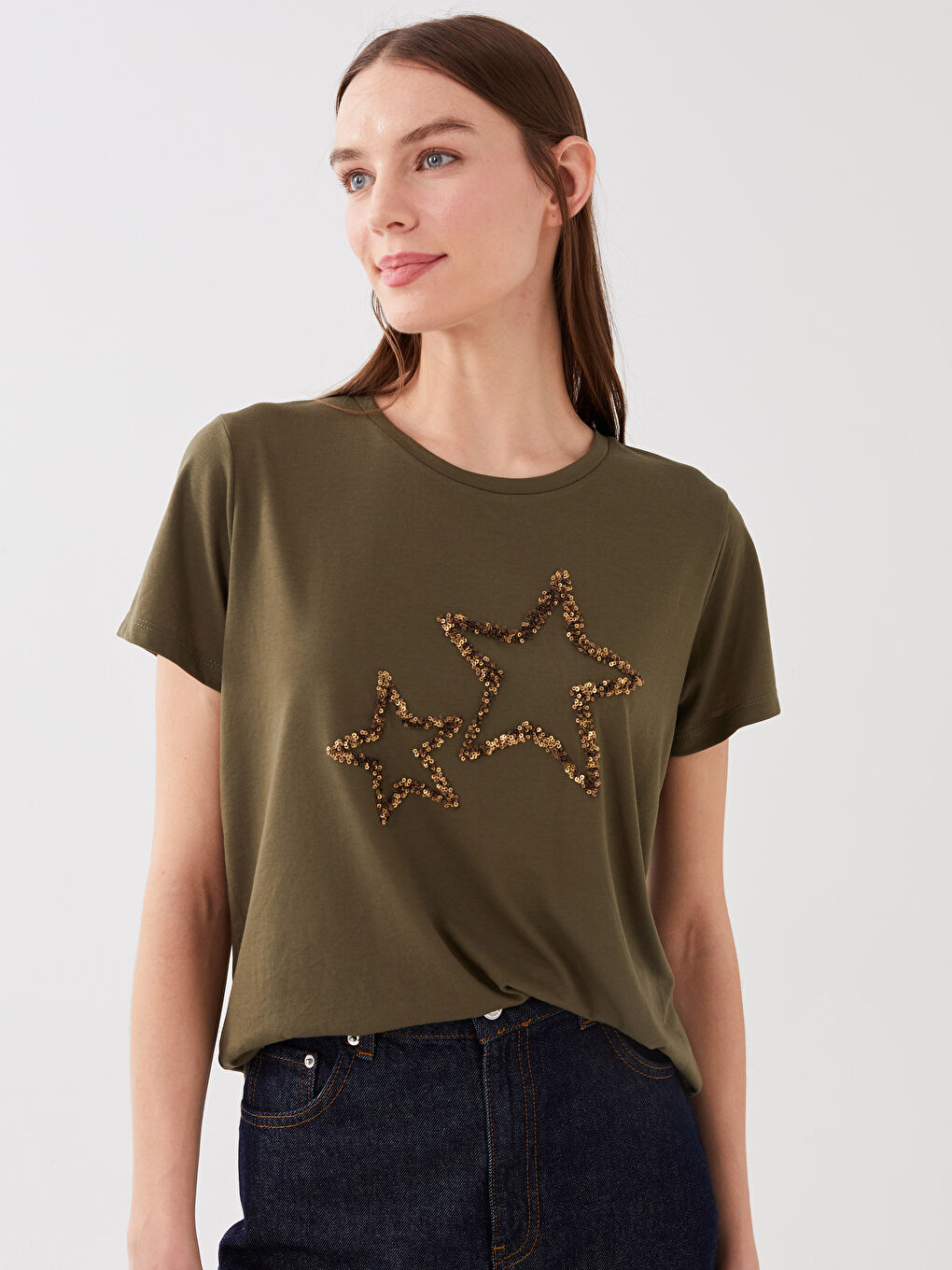 Haki Bisiklet Yaka Pul Payetli Kısa Kollu Kadın Tişört