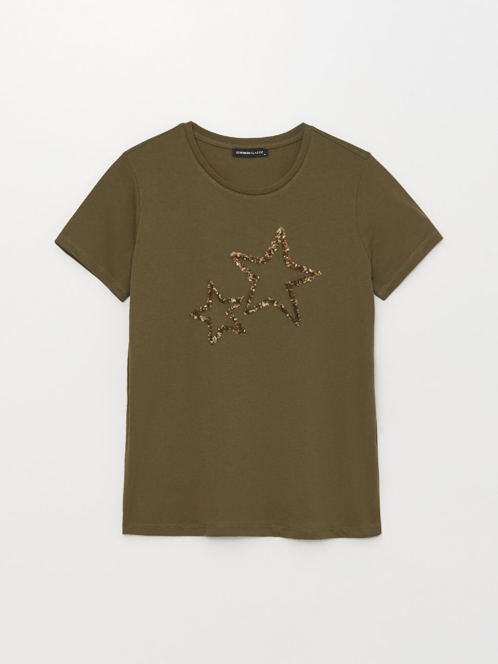 Haki Bisiklet Yaka Pul Payetli Kısa Kollu Kadın Tişört-5