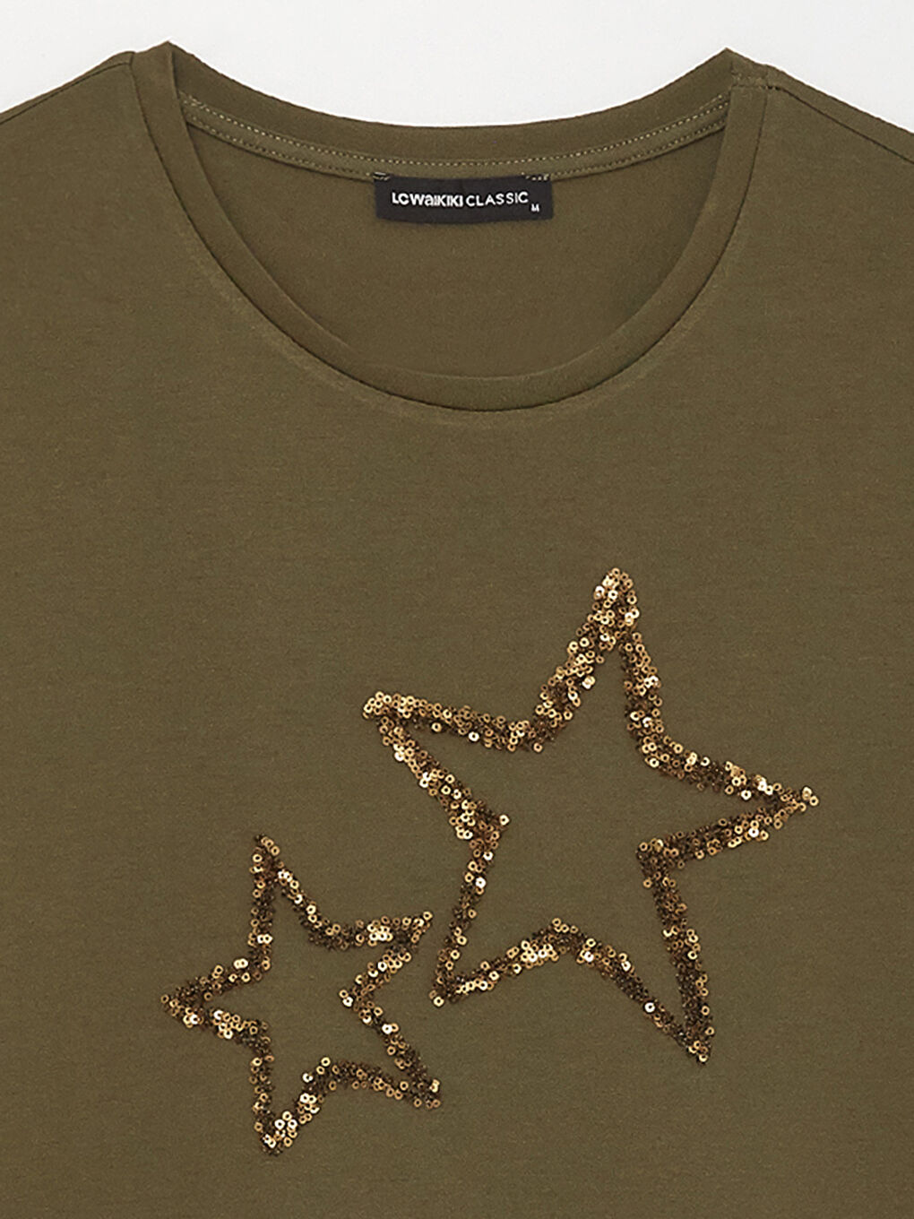 Haki Bisiklet Yaka Pul Payetli Kısa Kollu Kadın Tişört-7