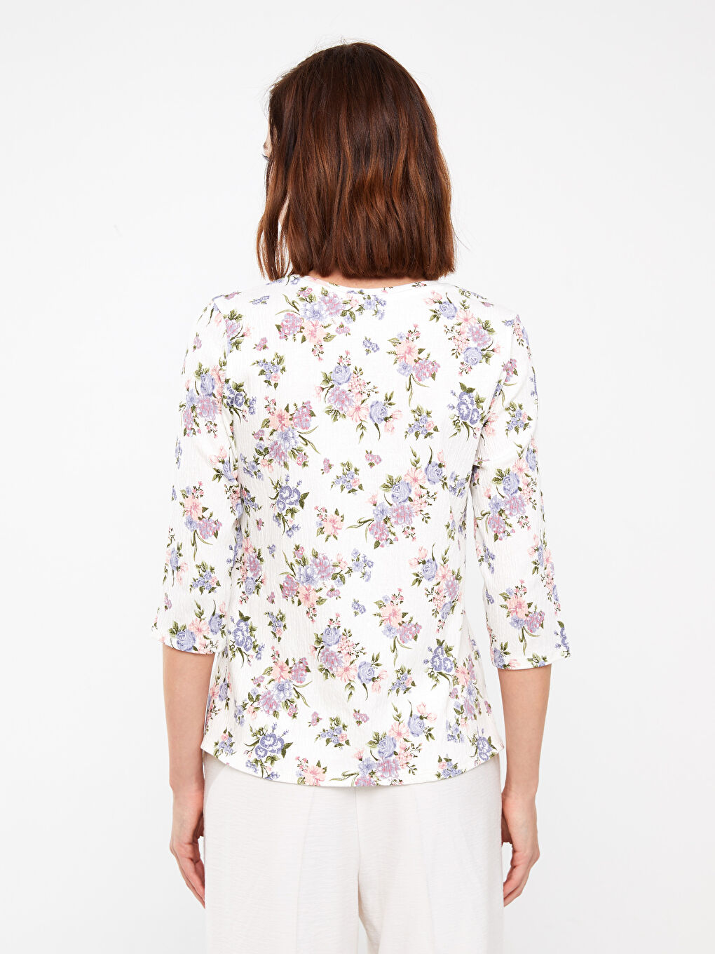 Mavi V Yaka Desenli Kadın Bluz-4