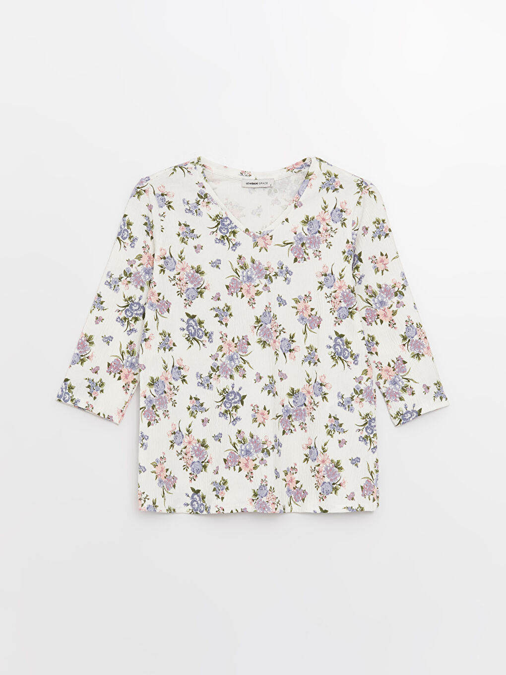 Mavi V Yaka Desenli Kadın Bluz-5