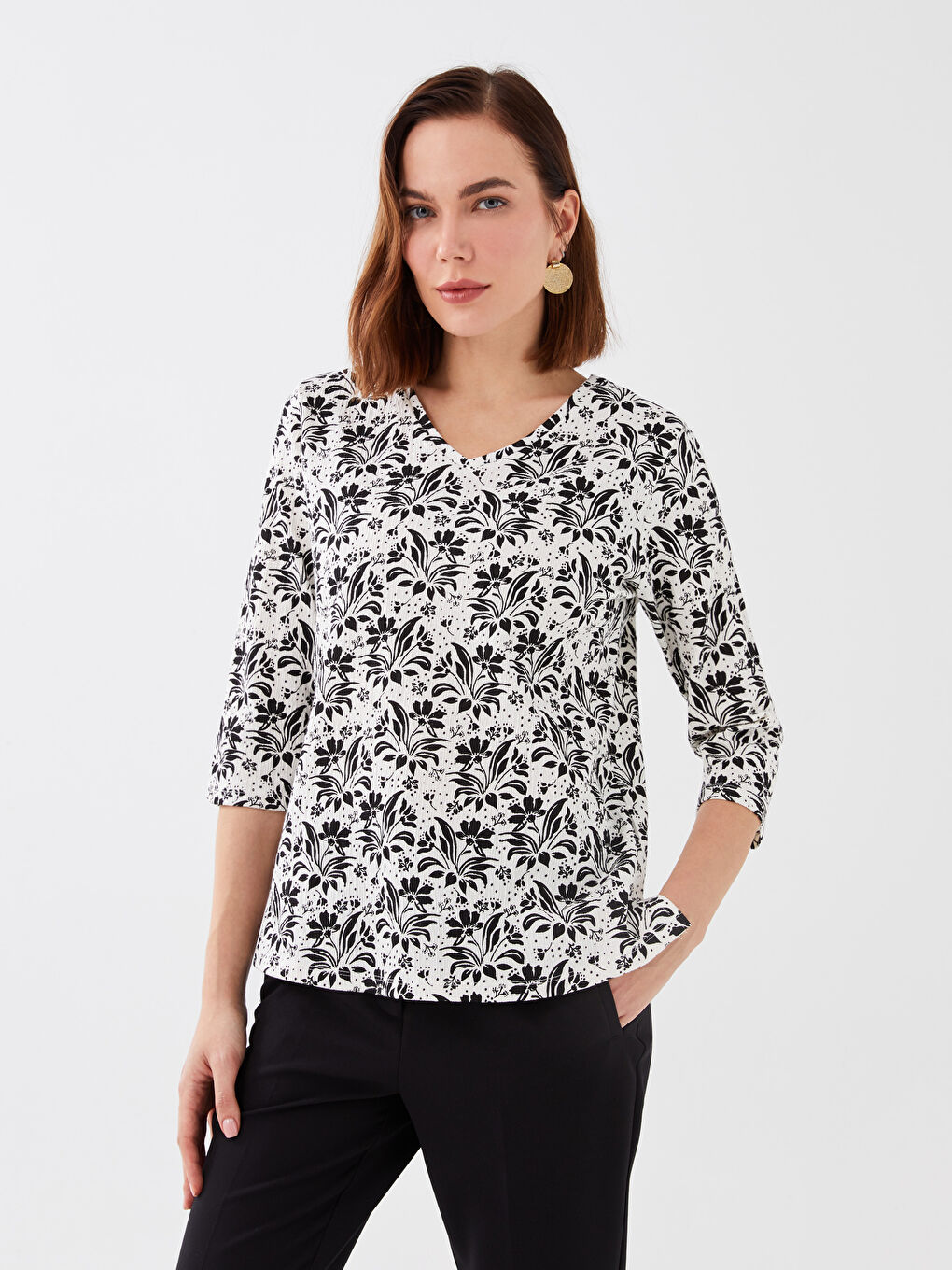 V-Neck Patterned Women's Blouse-1