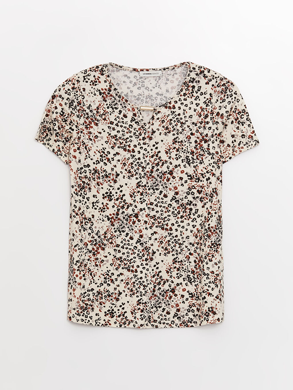 Bej Bisiklet Yaka Desenli Kısa Kollu Kadın Bluz-5