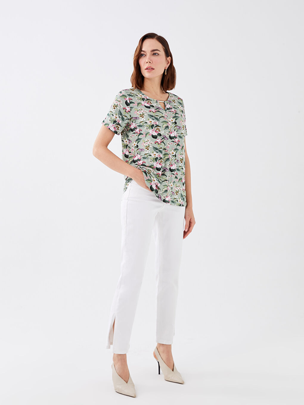 Yeşil Bisiklet Yaka Desenli Kısa Kollu Kadın Bluz-2