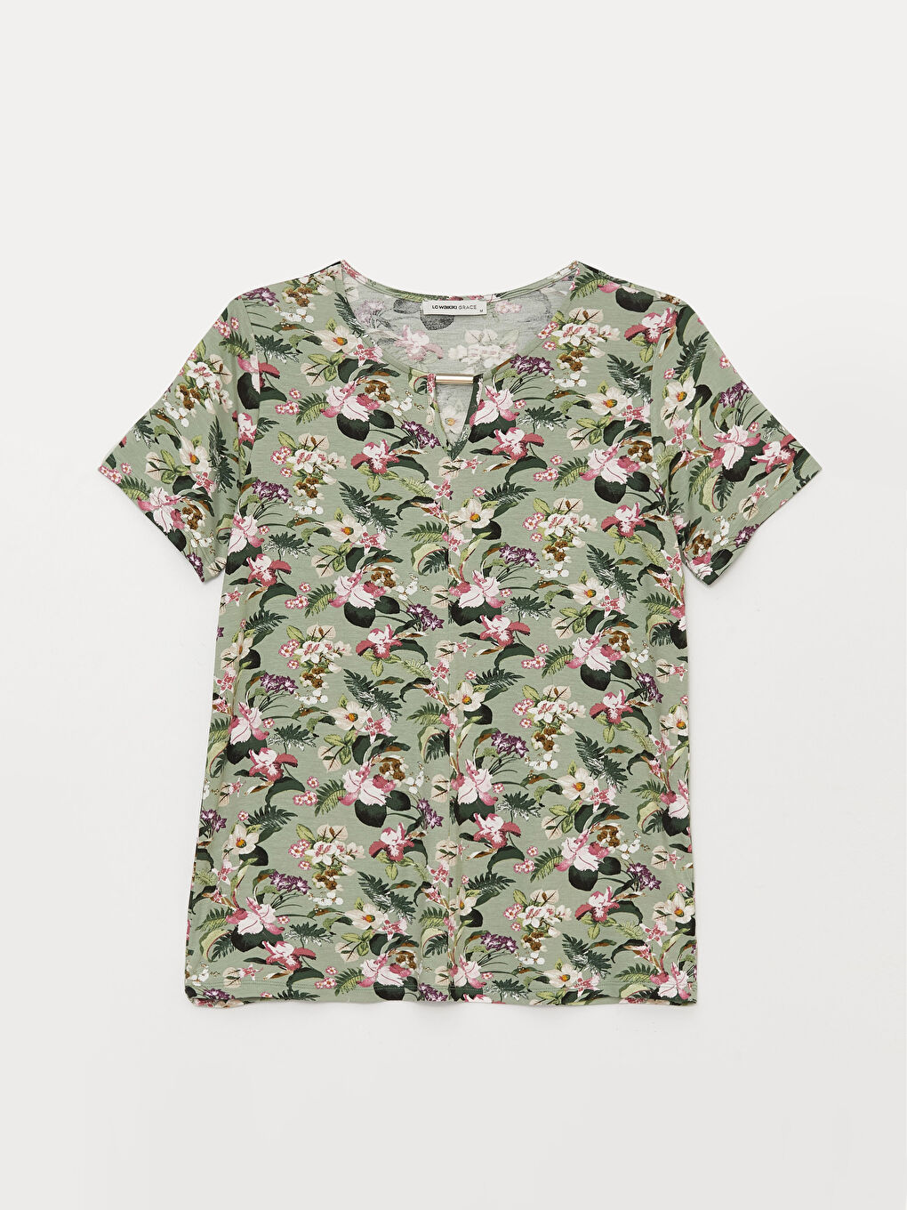 Yeşil Bisiklet Yaka Desenli Kısa Kollu Kadın Bluz-5