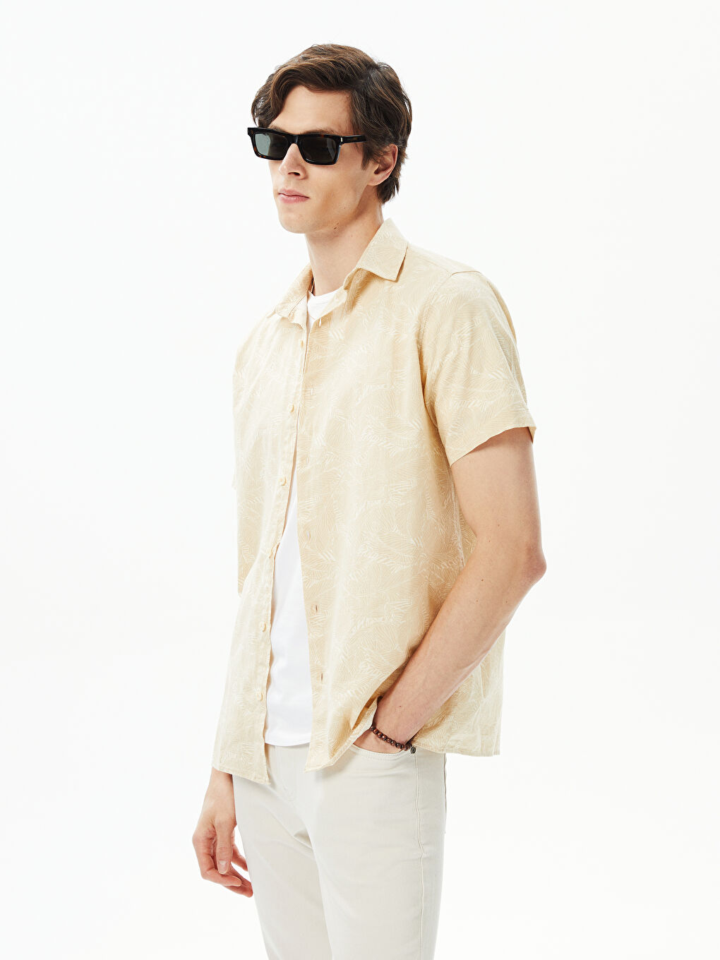 قميص رجالي بوبلين بنقشة وأكمام قصيرة وقصة عادية
