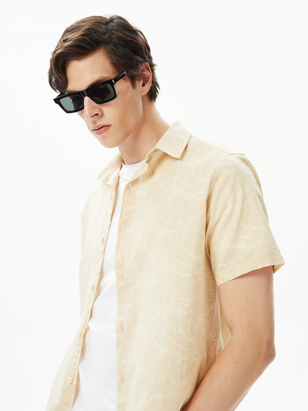 قميص رجالي بوبلين بنقشة وأكمام قصيرة وقصة عادية-2