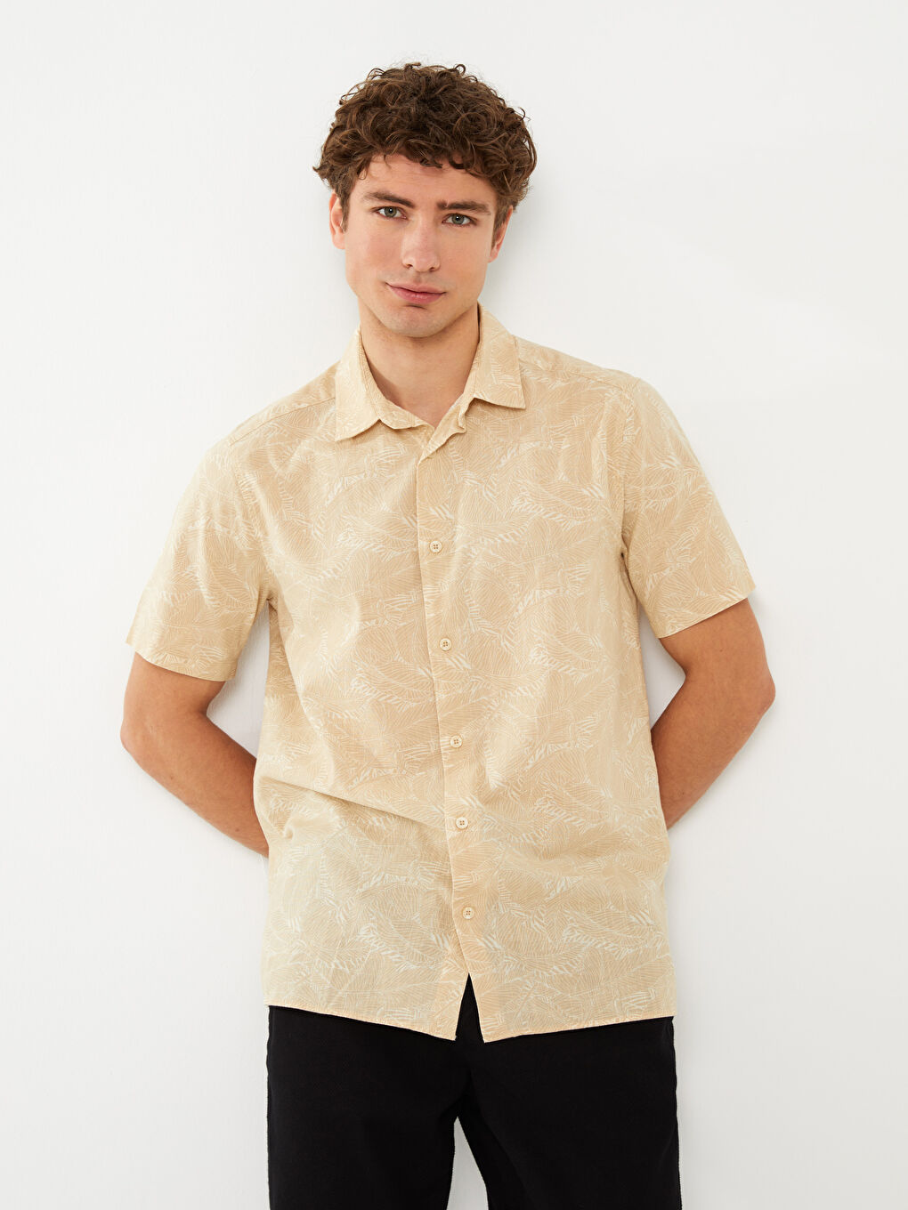 قميص رجالي بوبلين بنقشة وأكمام قصيرة وقصة عادية-1