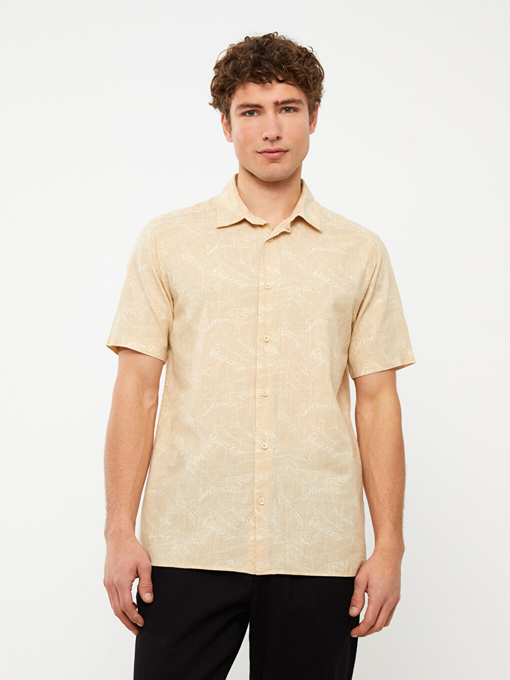 قميص رجالي بوبلين بنقشة وأكمام قصيرة وقصة عادية-3