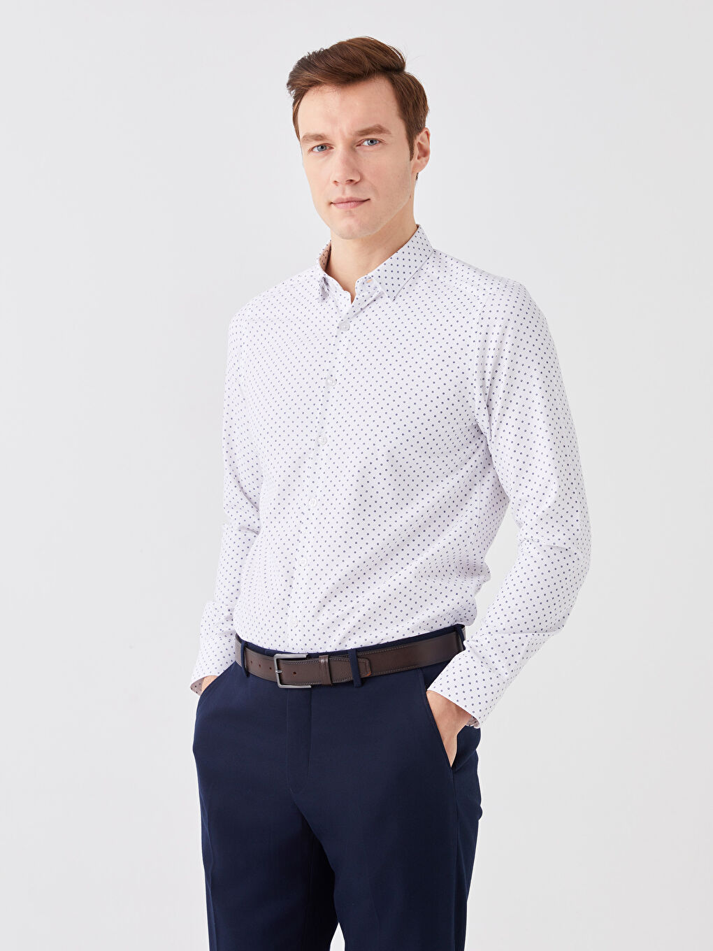 Рубашка Мужская Слим Фит С Длинным Рукавом Узорчатая Ткань Добби
