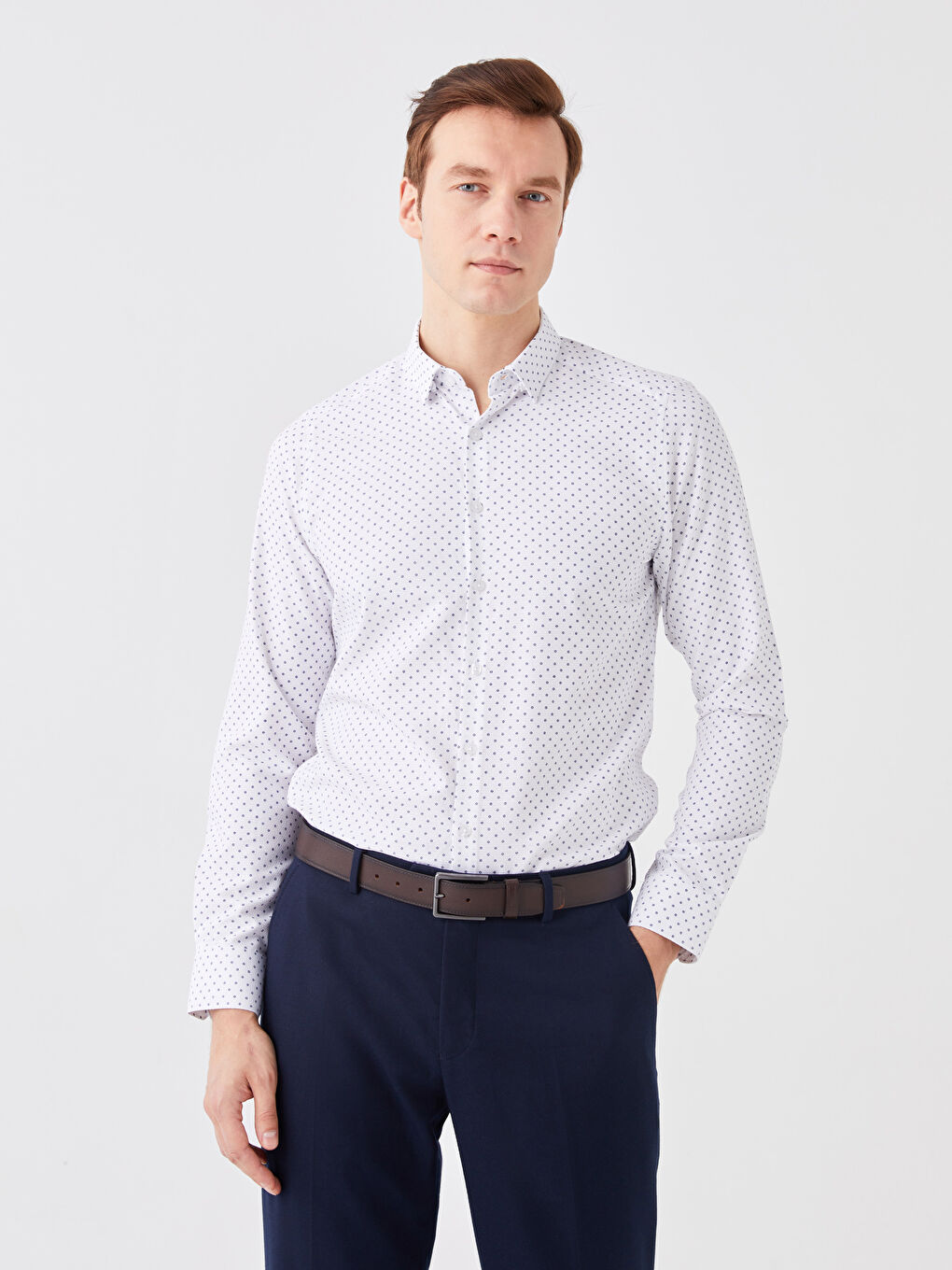 Рубашка Мужская Слим Фит С Длинным Рукавом Узорчатая Ткань Добби-1