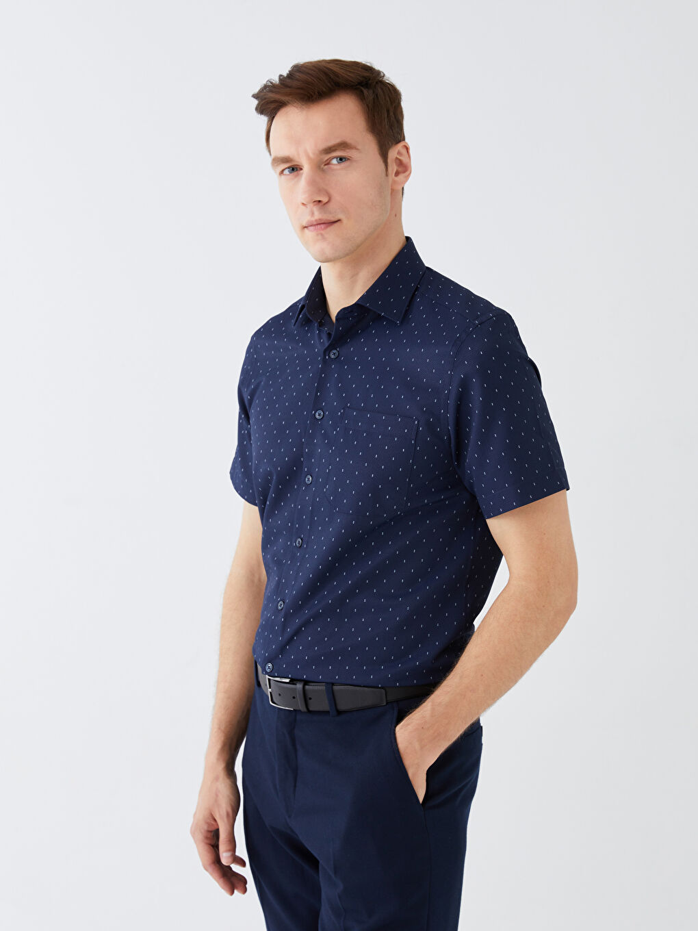 Regular Fit Short Sleeve Patterned Dobby Men's Shirt