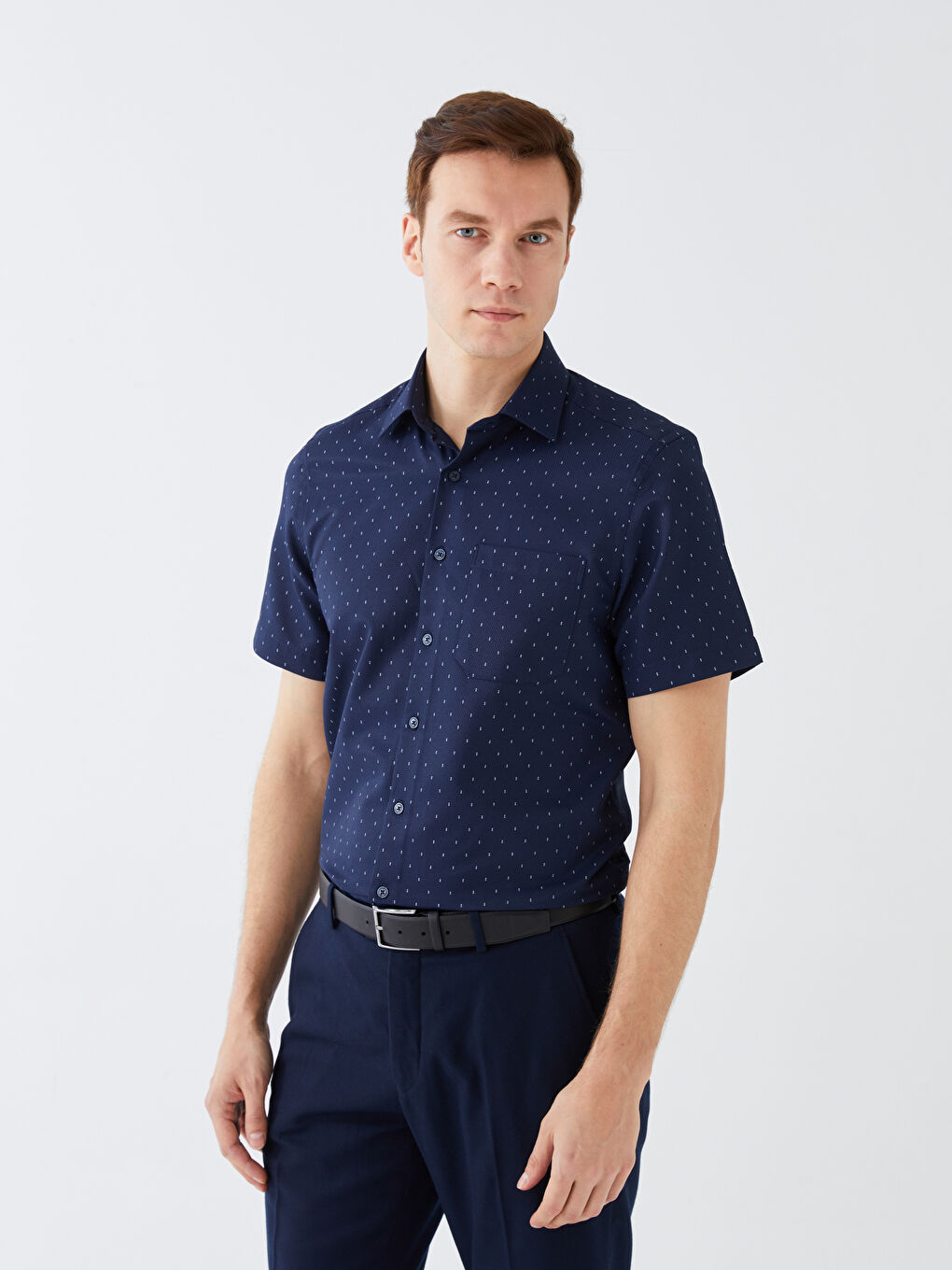 Regular Fit Short Sleeve Patterned Dobby Men's Shirt-2