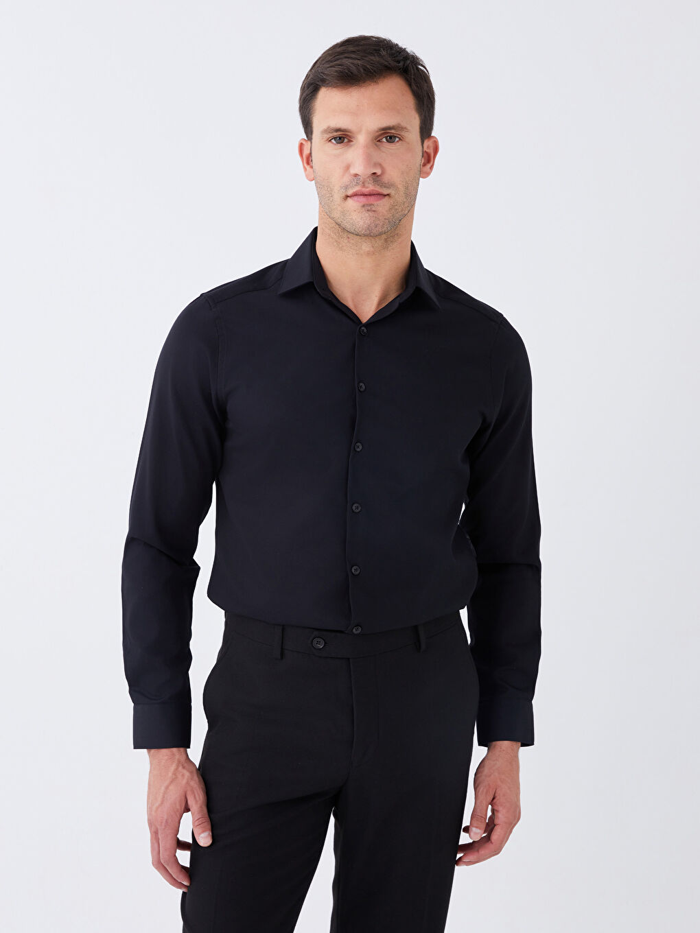 Siyah Slim Fit Uzun Kollu Poplin Erkek Non Iron Gömlek