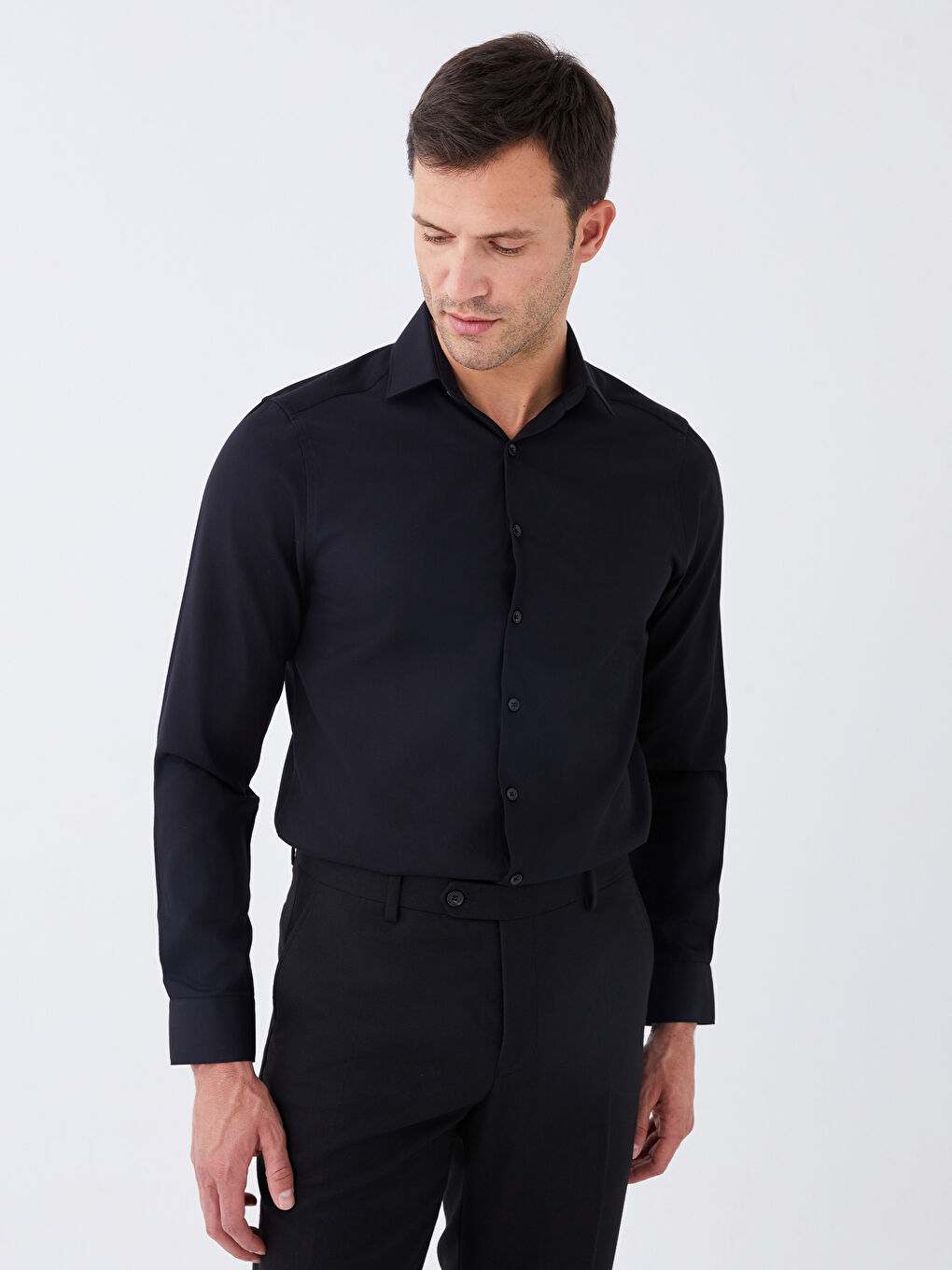 Siyah Slim Fit Uzun Kollu Poplin Erkek Non Iron Gömlek-1