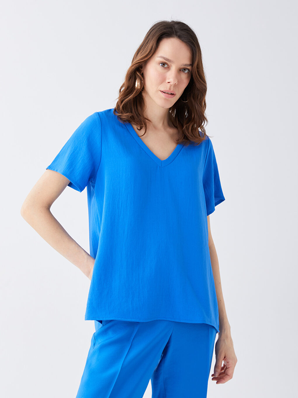 V-Neck Plain Short Sleeve Women's Blouse