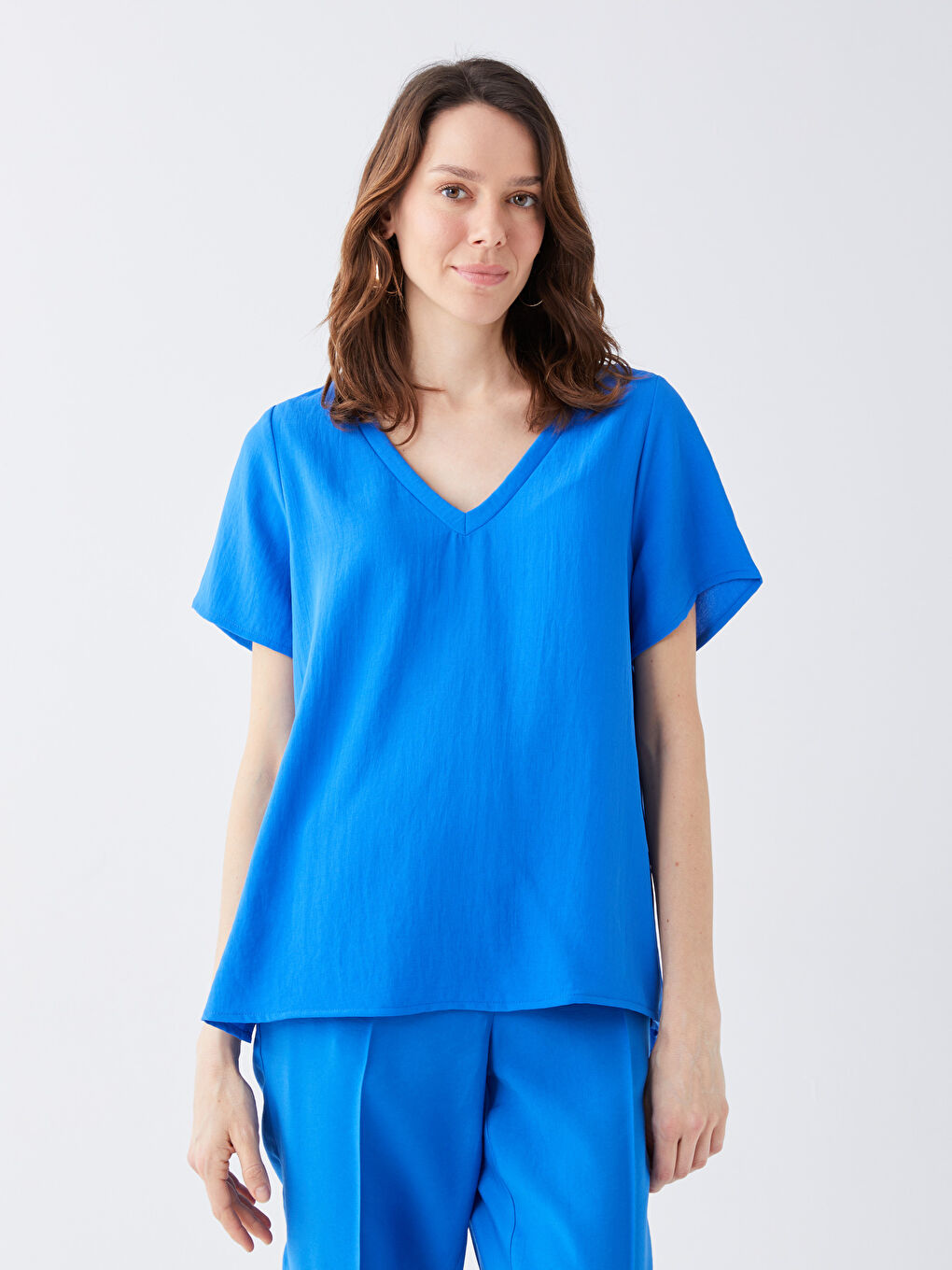 V-Neck Plain Short Sleeve Women's Blouse-1